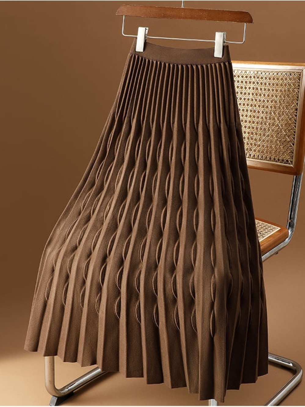 Women's Brown Textured Pleated Midi Skirt